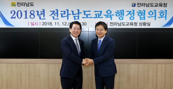 2018년 교육행정협의회 김영록 도지사(왼쪽)와 장석웅 교육감